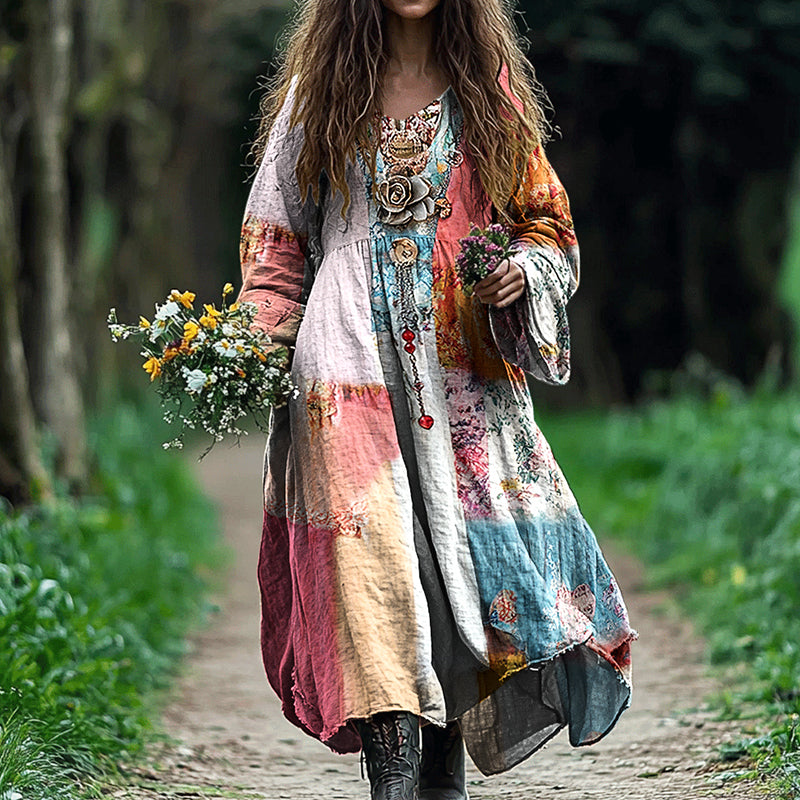 Women's Vintage Bohemian Floral Patch V-neck Cotton And Linen Dress artswardrobe