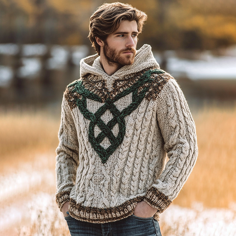 Men's Shamrock Celtic Jacquard Contrast Color Hooded Sweater artswardrobe