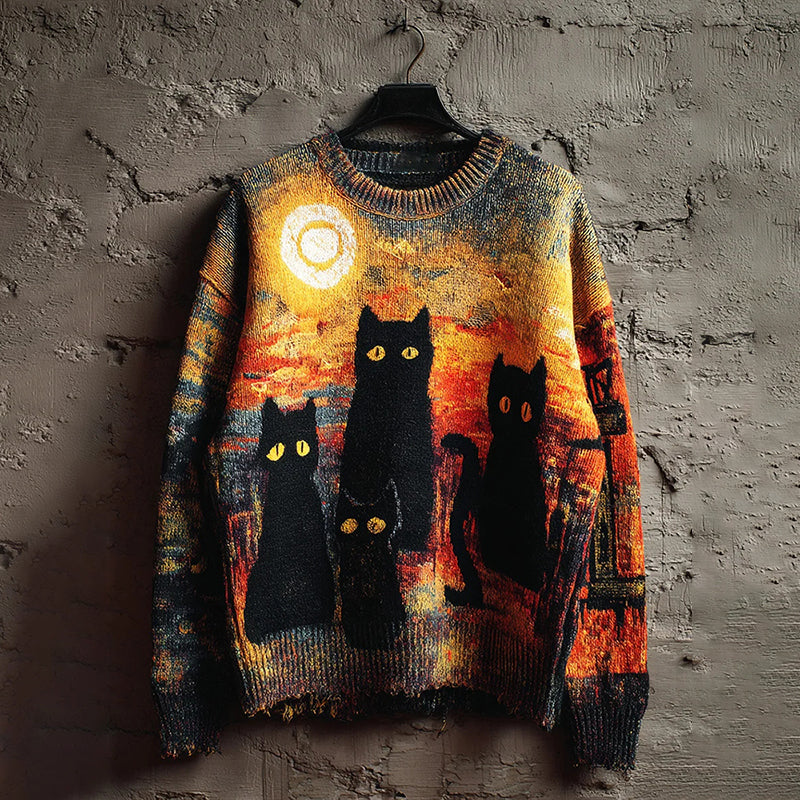Vintage Halloween Cat Art Print Knit Pullover Sweater artswardrobe
