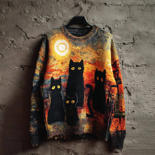 Vintage Halloween Cat Art Print Knit Pullover Sweater artswardrobe