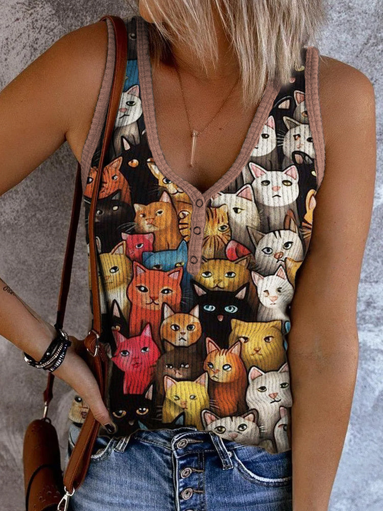 Cat Print Women's V-Neck Tank Top elevenforest