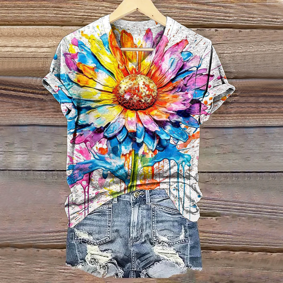 Women's Watercolor Ink Splashing Floral Art Print V-neck Casual T-Shir