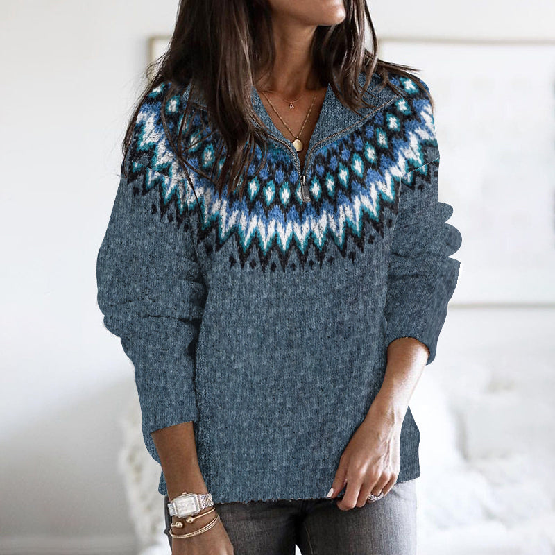 Retro Wave Contrast Pattern Zip-Up Sweater elevenforest