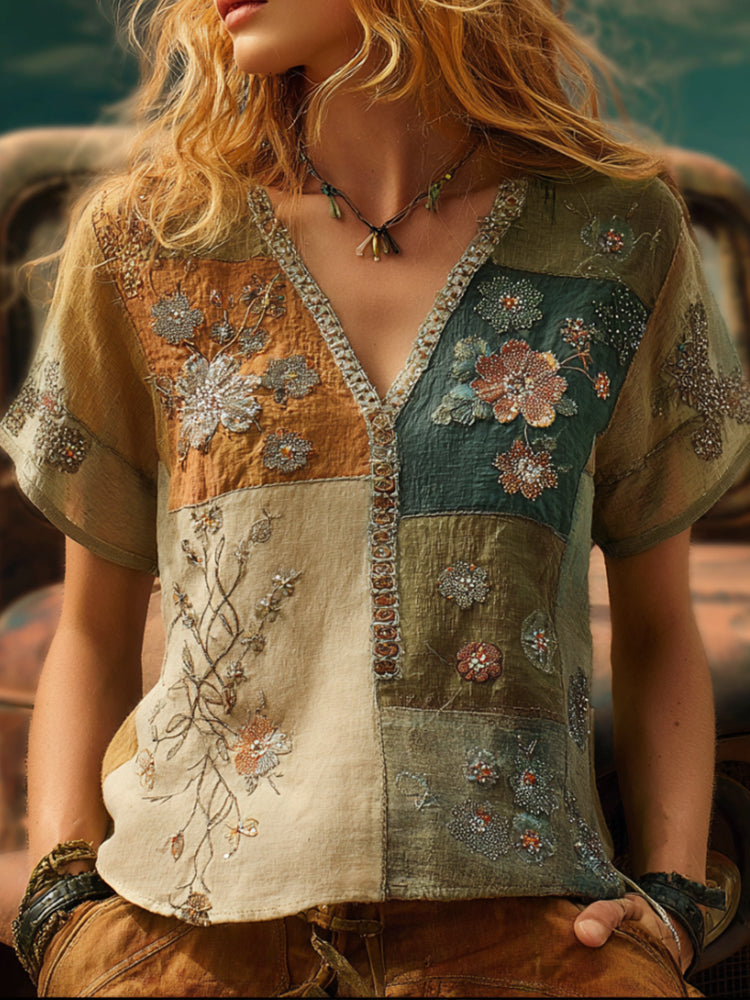 Bohemian Style Patchwork Three-dimensional Embroidery Flower And Vine Embroidery Vintage Forest V-neck Short-sleeved Shirt artswardrobe