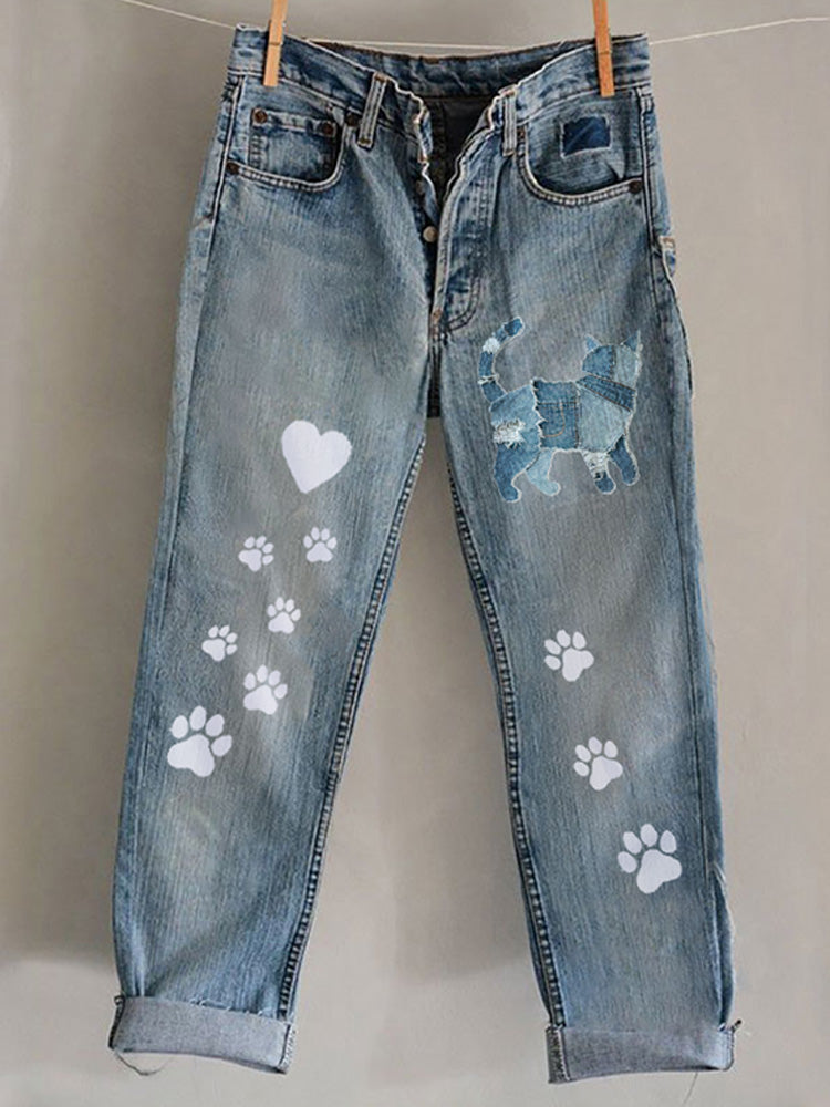 Comstylish Funny Animal Embroidered Print Jeans