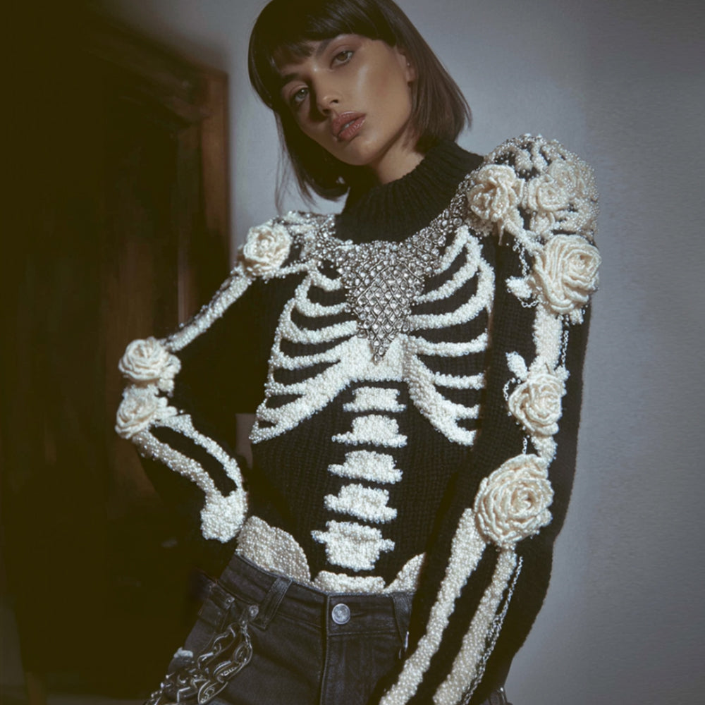 Women's Halloween Skeleton Diamond Rose Warm High Collar Sweater artswardrobe