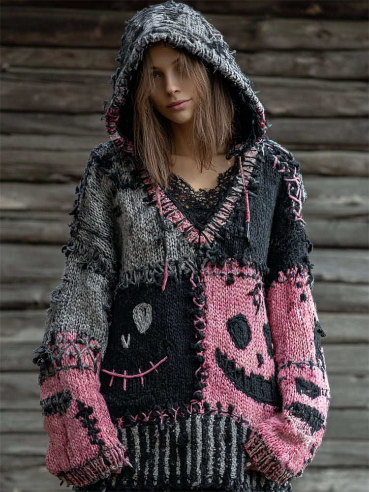 Halloween Spooky Faces Contrast Stitched Knit Hooded Sweater artswardrobe