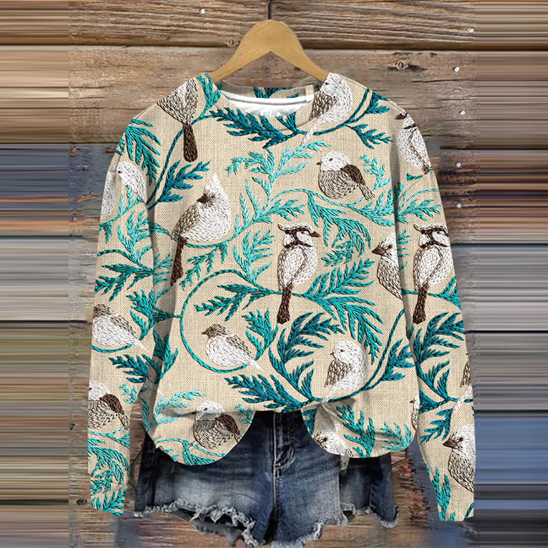 Embroidered Flower And Bird Art Print Round Neck Casual Sweatshirt artswardrobe