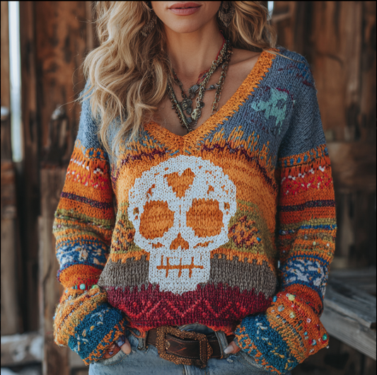 Women's V-neck Knitted Sweater With Halloween Geometric Color Blocks And Skull Patterns artswardrobe