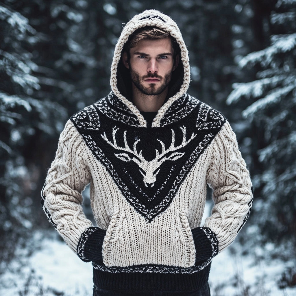 Men's Viking Deer Head Totem Thick Rope Hooded Sweater elevenforest
