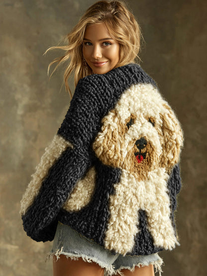 Comstylish Vintage Fluffy Cute Dogs Felt Cozy Knit Sweater