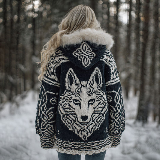 Women's Viking Wolf Celtic Art Cozy Fur Collar Knit Hooded Sweater Jacket artswardrobe