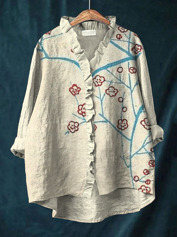 Japanese Art Cherry Blossom Print Linen Ruffle Shirt artswardrobe