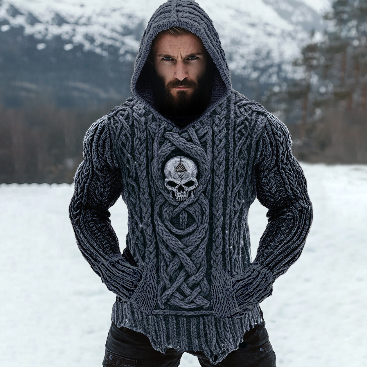 Men's Viking Tribal Skull Rune Celtic Inspired Knit Hooded Sweater artswardrobe