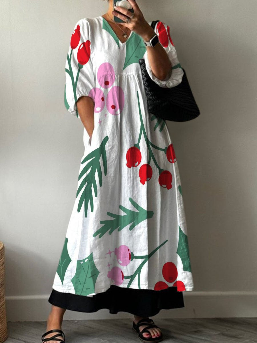 Fun Christmas Plant Decoration Pattern Pocket V-neck Cotton Dress