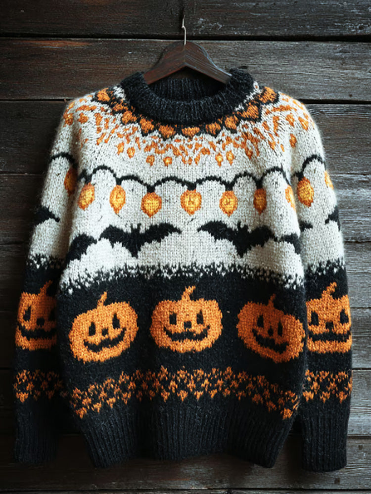 Women's Halloween Spooky Face Contrast Stitched Cozy Knit Sweater artswardrobe