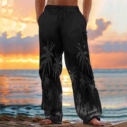Vintage Hawaii Beach Printed Art Linen Blend Casual Pants artswardrobe