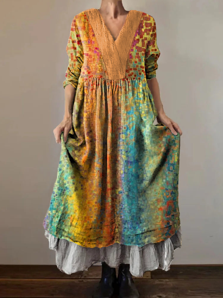 Women's Tie Dye Art Print V-Neck Button Pocket Cotton Dress