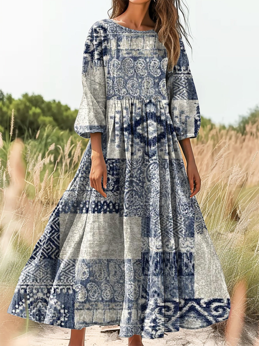 Women's Vintage Ethnic Floral Art Print Flowy Cotton Crew Neck Dress