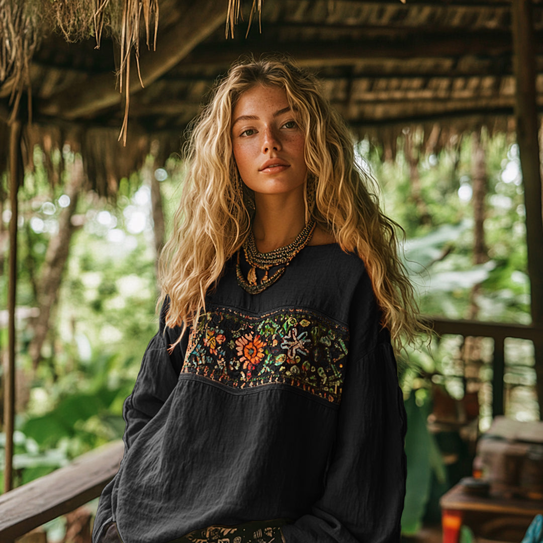 Comstylish Retro Bohemian Art Embroidery Print Cotton And Linen Blend Loose Blouse