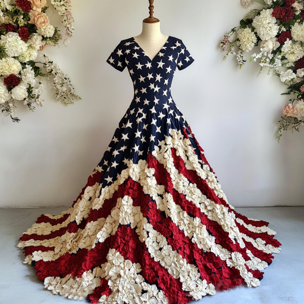 Women's Independence Day Flag And Floral Print Short Sleeve Dress artswardrobe