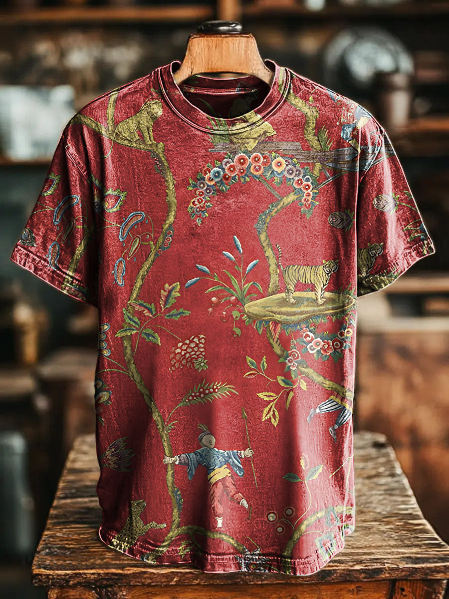 Retro Red Ancient painting Tiger Vintage Art Print Casual T-shirt For