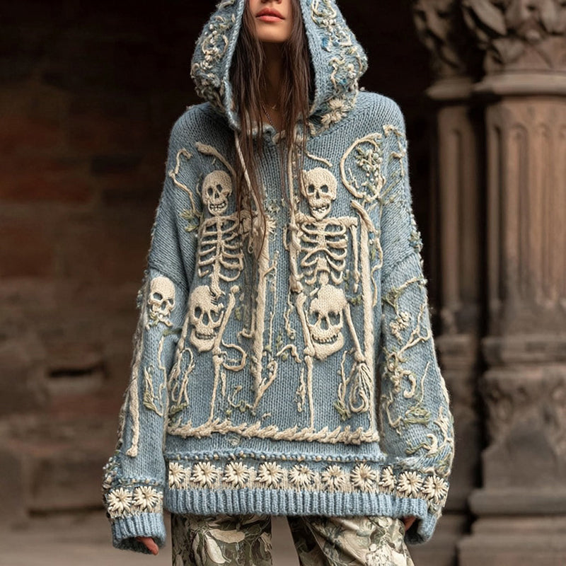 Women's Skull And Chrysanthemum Art Print Warm And Cozy Hooded Sweater artswardrobe