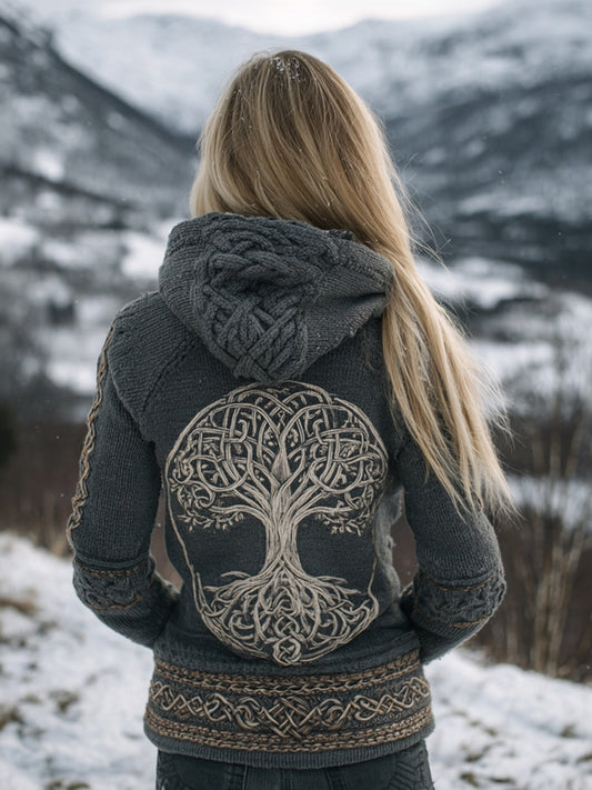 Vintage Viking Tree Of Life Celtic Knit Hooded Sweater artswardrobe