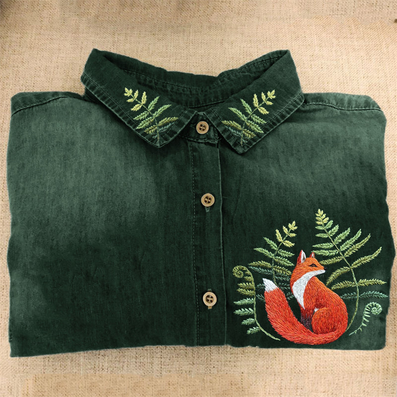 Forest Fox & Fern Embroidered Washed Denim Blouse artswardrobe