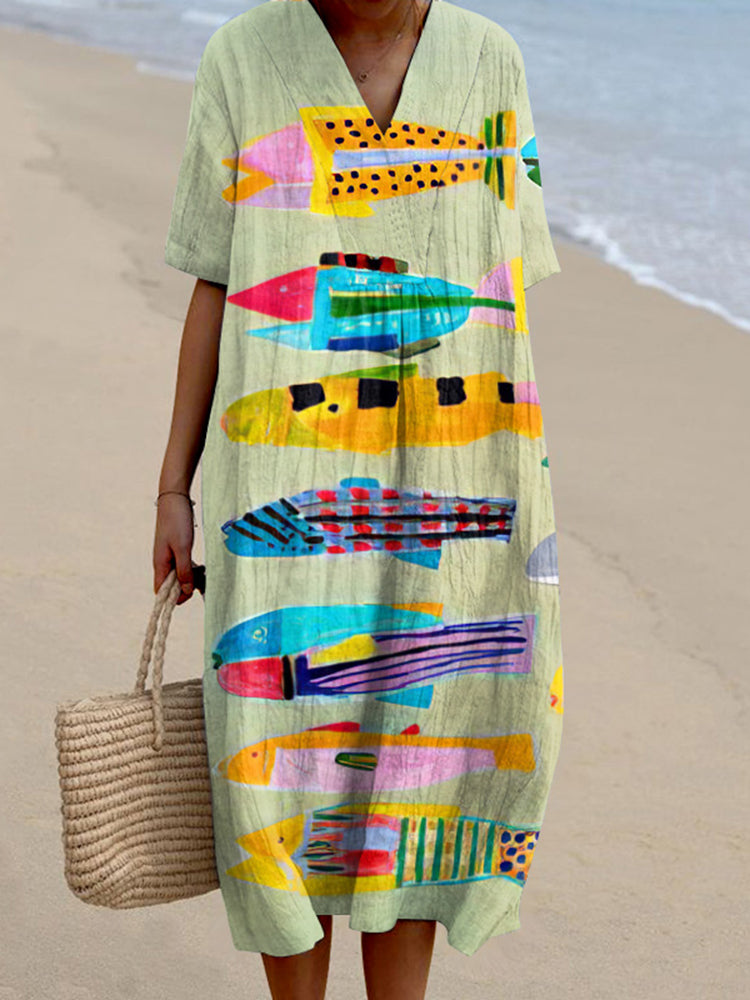 Women's Vintage Colorful Fish Printed Casual Midi Dress