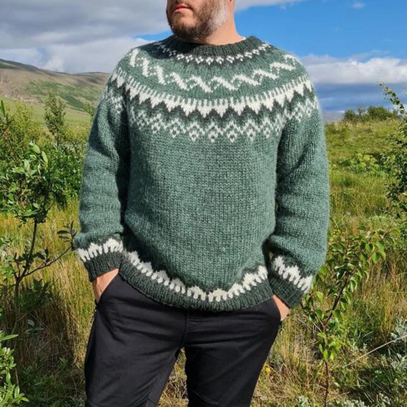 Vintage Warmth Knit Jacquard Icelandic Crew Neck Sweater（Unisex） elevenforest
