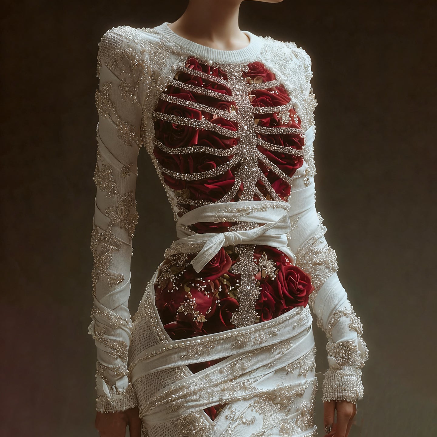 Women's Vintage Skeleton Bones With Rose Art Cozy Knit Mini Sweater Dress artswardrobe