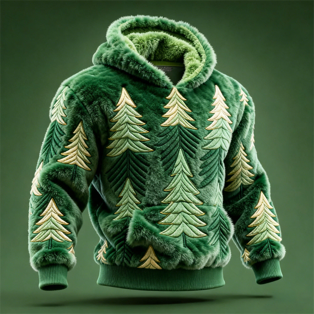 Comstylish Christmas Tree Embroidered Design Men's Hooded Flannel Sweatshirt