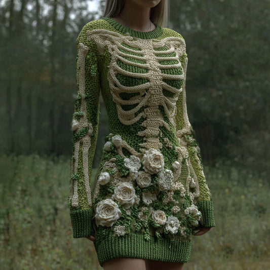 Women's Vintage Skeleton With White Rose Gradient Art Cozy Sweater Dress artswardrobe