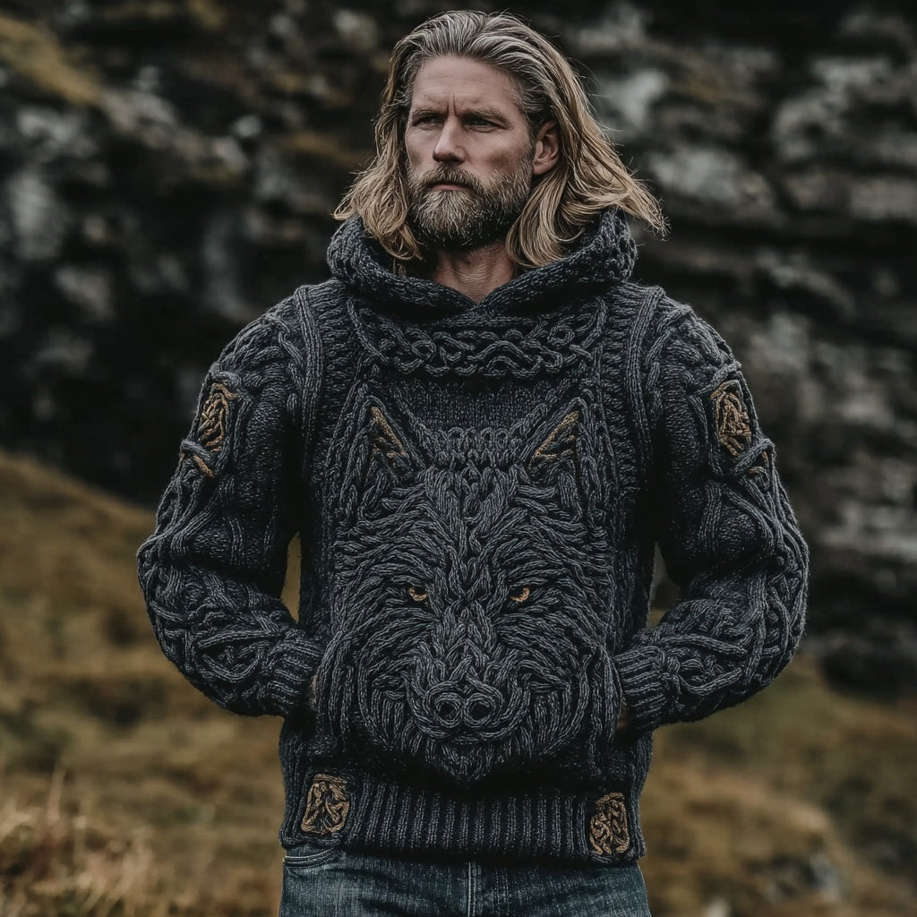Men's Viking Wolf Celtic Cozy Chunky Hooded Sweater artswardrobe