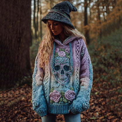 Women's Viking Tribal Jacquard Celtic With Rose And Skull Inspired Chunky Knit Hooded Sweater artswardrobe