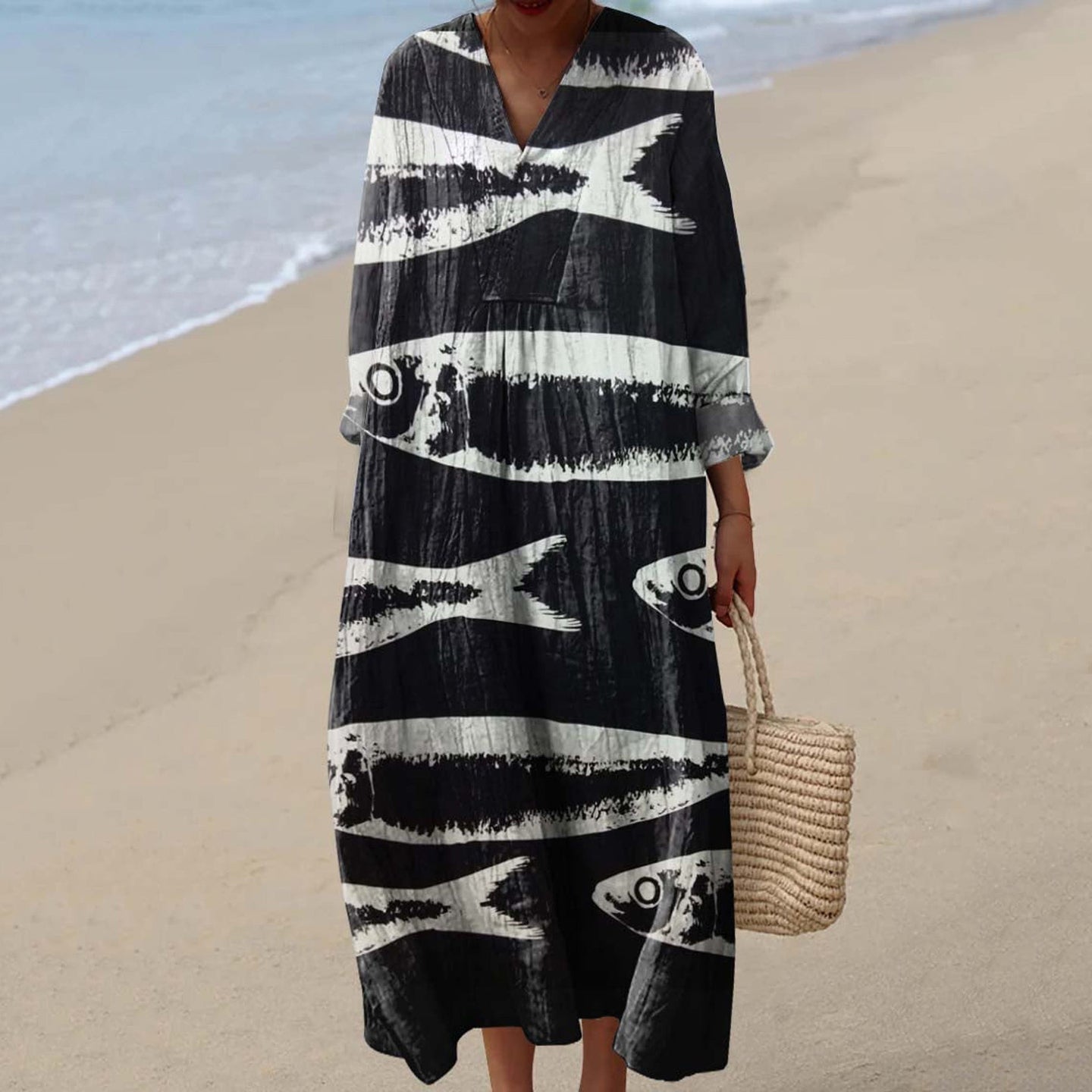 Women's Fun Fish Art Print Cotton And Linen Dress artswardrobe