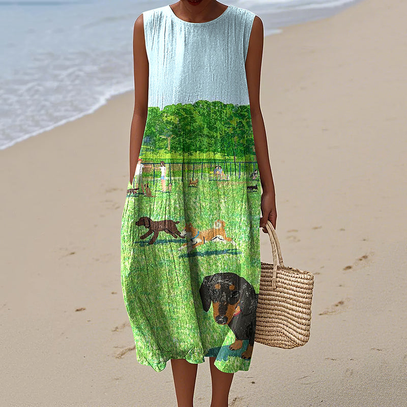 Comstylish Women's Retro Cute Dogs Art Print Cotton Linen Sleeveless Dress
