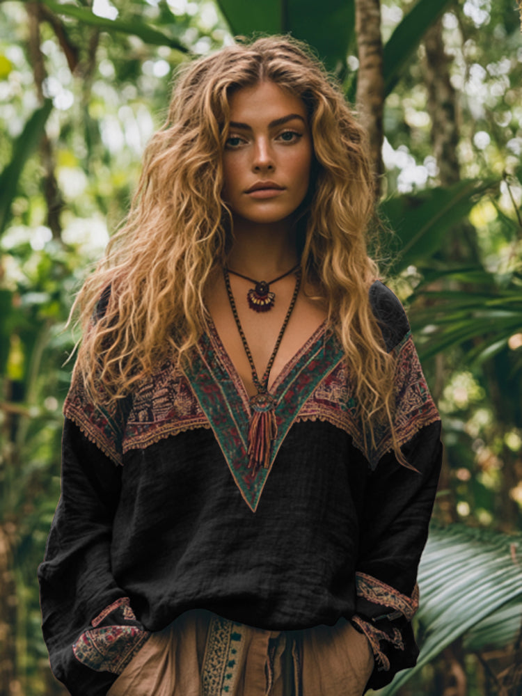 Retro Boho Tribal Embroidery Print Cotton And Linen Blend Loose Blouse artswardrobe