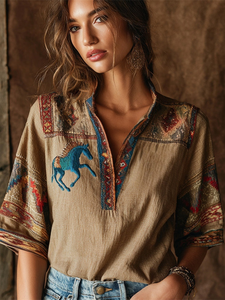 Comstylish Vintage Western Horse Aztecs Pattern Women's Linen V-neck Shirt