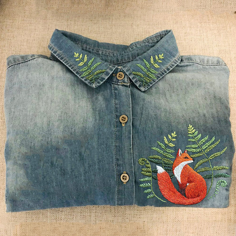 Forest Fox & Fern Embroidered Washed Denim Blouse artswardrobe