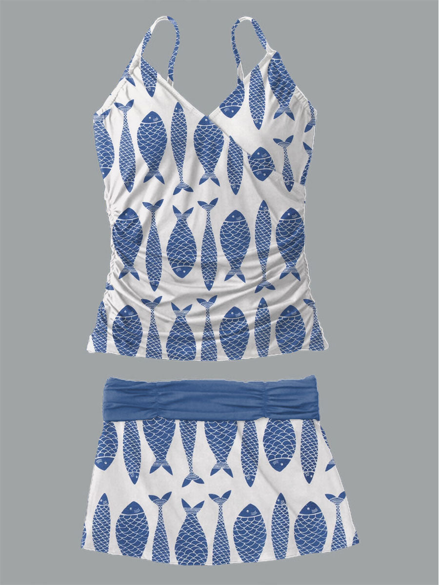 Women's Fish Print Suspender Shirred Swimsuit Set