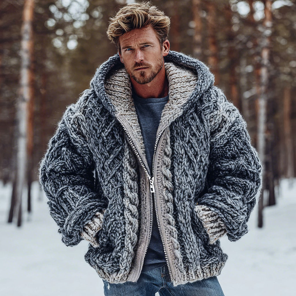 Men's Vintage Fairman Island Jacquard Thick Warm Zip Hooded Sweater Cardigan elevenforest