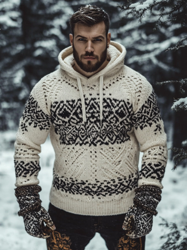 Men's Retro Viking Tribal Celtic Contrast Patchwork Chunky Hooded Sweater artswardrobe