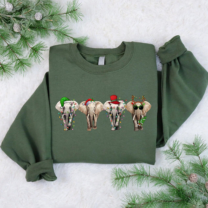 Comstylish Women's Christmas Elephant Print Crewneck Sweatshirt