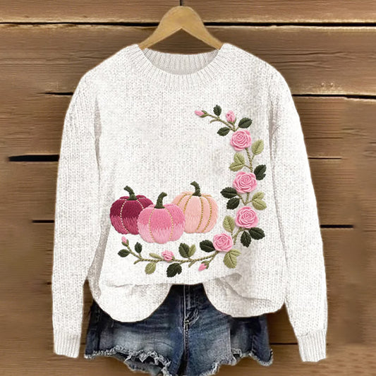 Women's Pink Pumpkin & Rose Embroidered Knit Print Sweater elevenforest