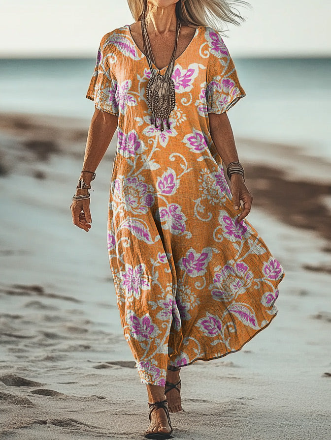 Women's Art Floral Hippie Vintage Print V Neck Dress