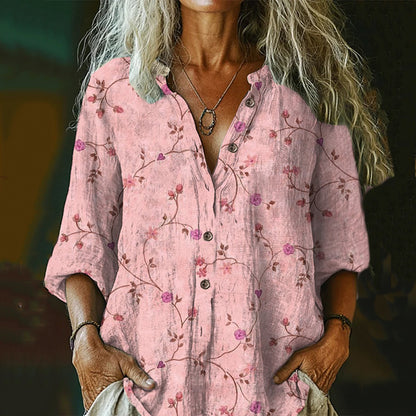 Comstylish Women's Vintage Floral Art Print Casual Cotton And Linen Shirt