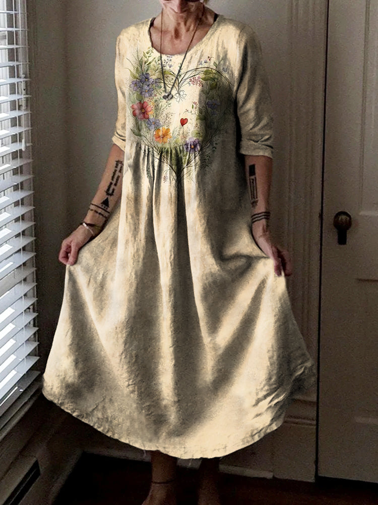 Women's Floral Heart Pattern Art Print Pocket Cotton Dresses