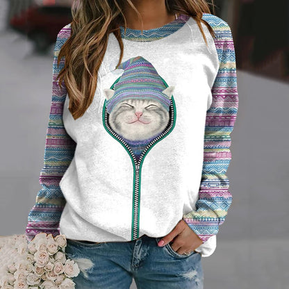 Women's Cat Print Crew Neck Sweatshirt elevenforest